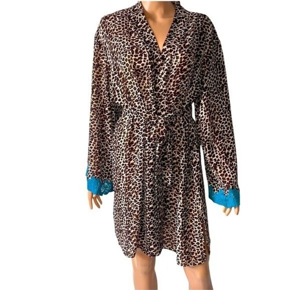 Valerie Stevens leopard print lace trimmed leopard print waist tie robe SZ SM